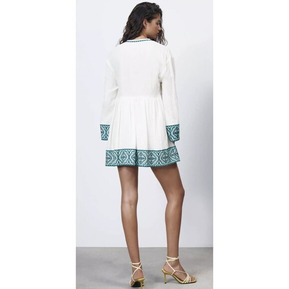 Zara Embroidered Textured Dress Women's Small White Boho Beach Coverup NEW! - Picture 2 of 9